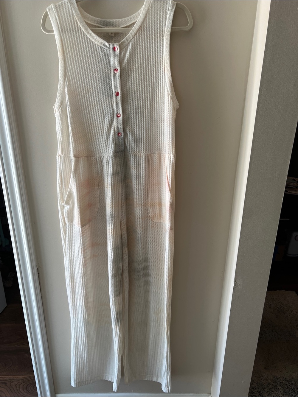 POL Cream, Gray, Pink Tye-Dye Sleeveless Waffle-Knit Jumpsuit with Pink Buttons